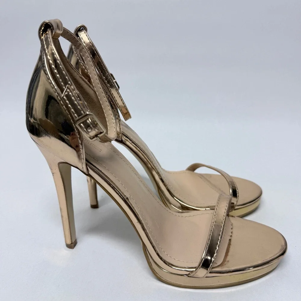PrettyLittleThing Rose Gold Metallic Ankle Strap Stiletto Platform Sandals Sz 6